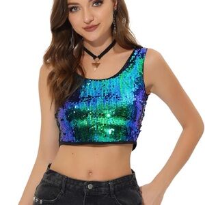 Amazon Iridescent Blue Green Sequin Crop Tank Top